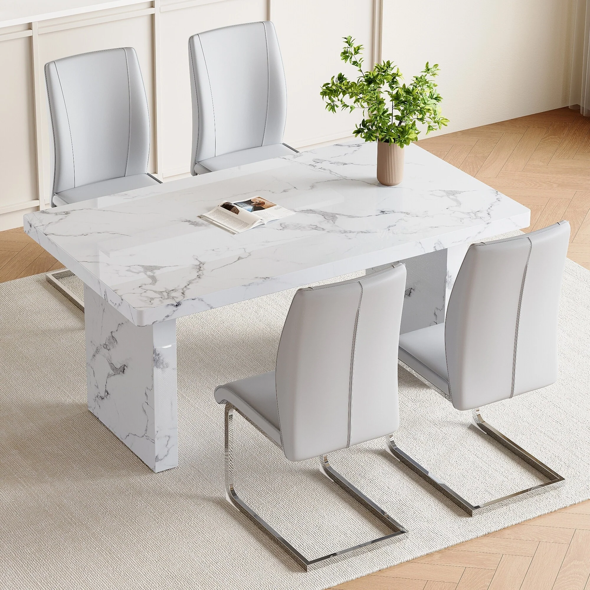 5 Piece Rectangular Dining Table Set, Modern 63 Imitation Marble Dining Table w/ 4 PU Upholstered Chair for Kitchen