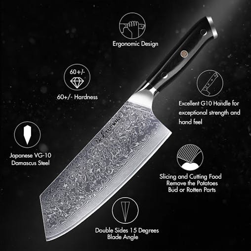 NNEOBA 7.5-Inch Damascus Steel Cleaver Knife G10 Handle Black