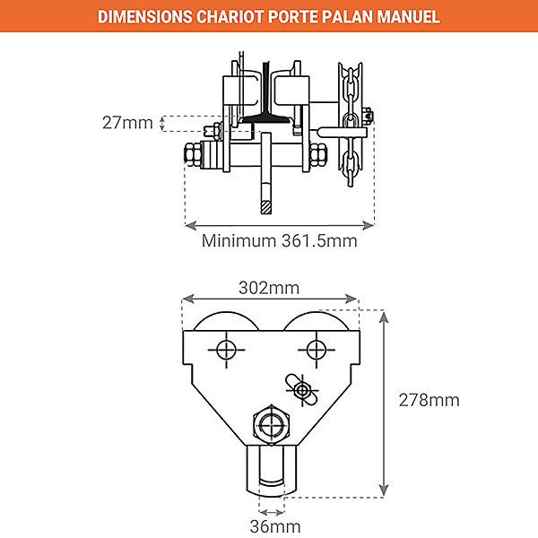 Chariot porte palan manuel à chaîne - Cap. 2000kg / Plage de réglages 76 à 165mm - GE20