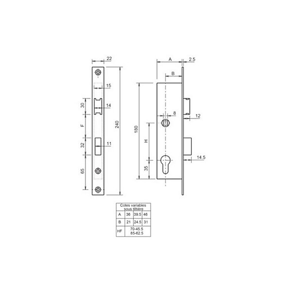 Coffre monopoint à larder 7/36 entraxe 85mm sans gâche - METALUX - F107360100