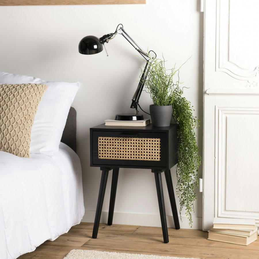 EMILIO - Chevet en bois 1 tiroir cannage noir