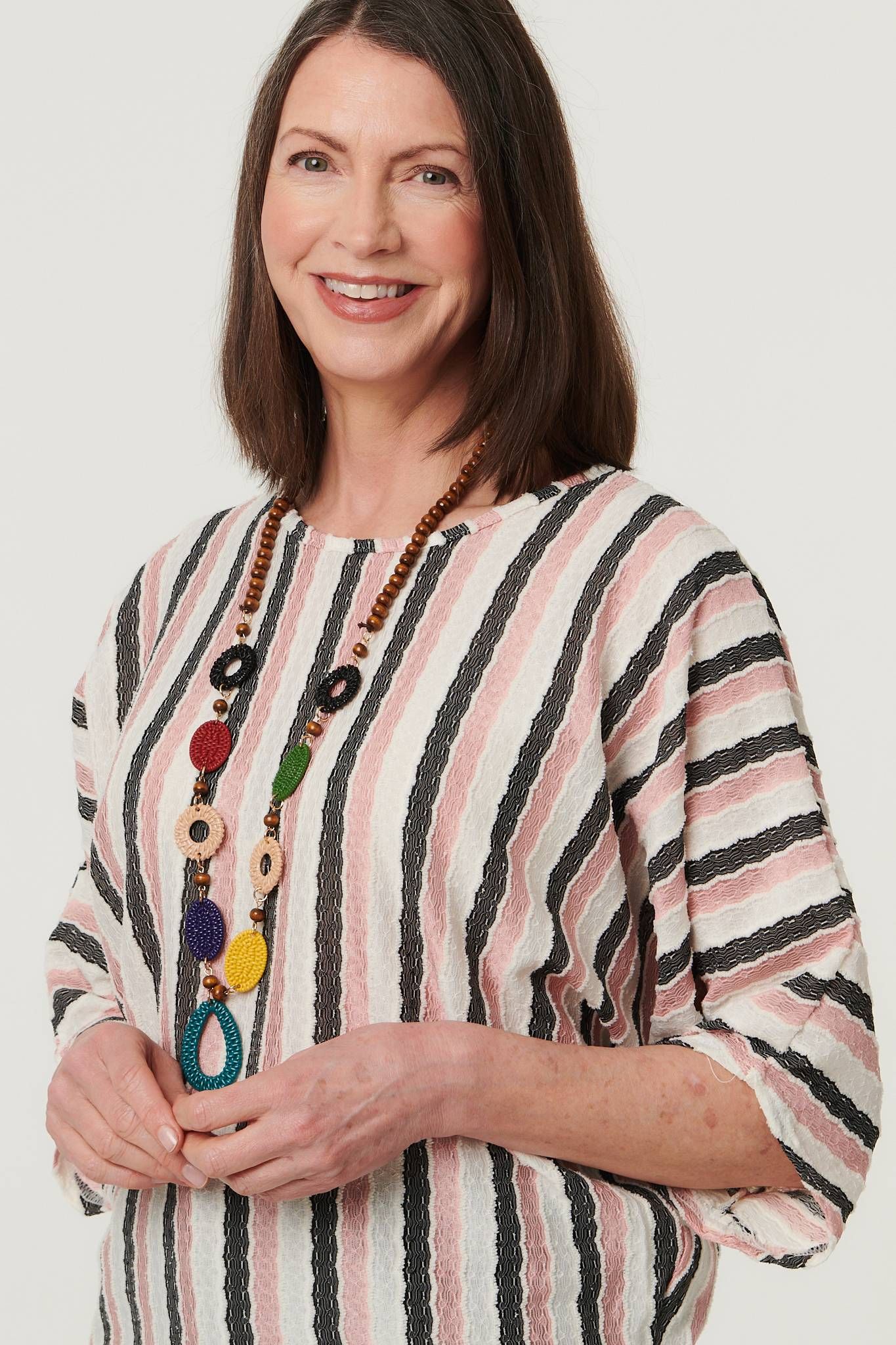 Izabel London Striped 3/4 Sleeve Relaxed Necklace Top