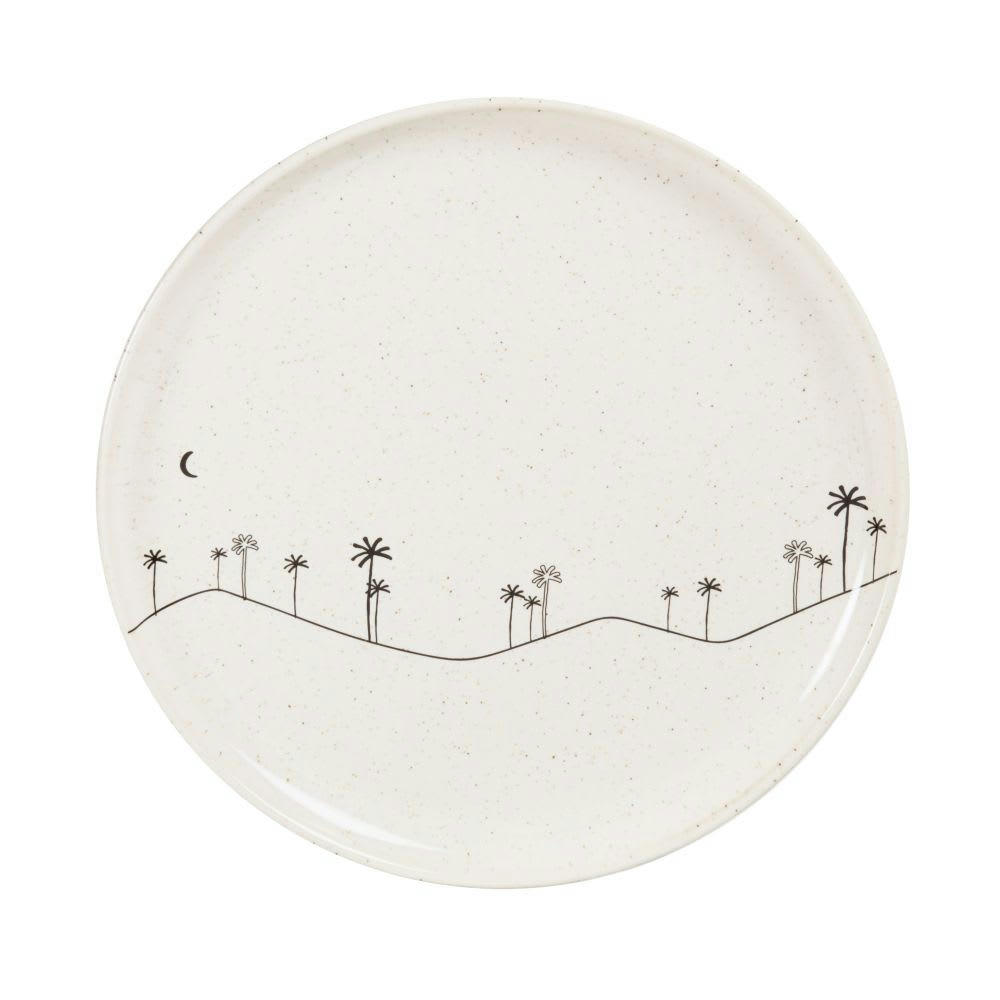 DESERT - Assiette à dessert en grès beige motifs palmiers noirs