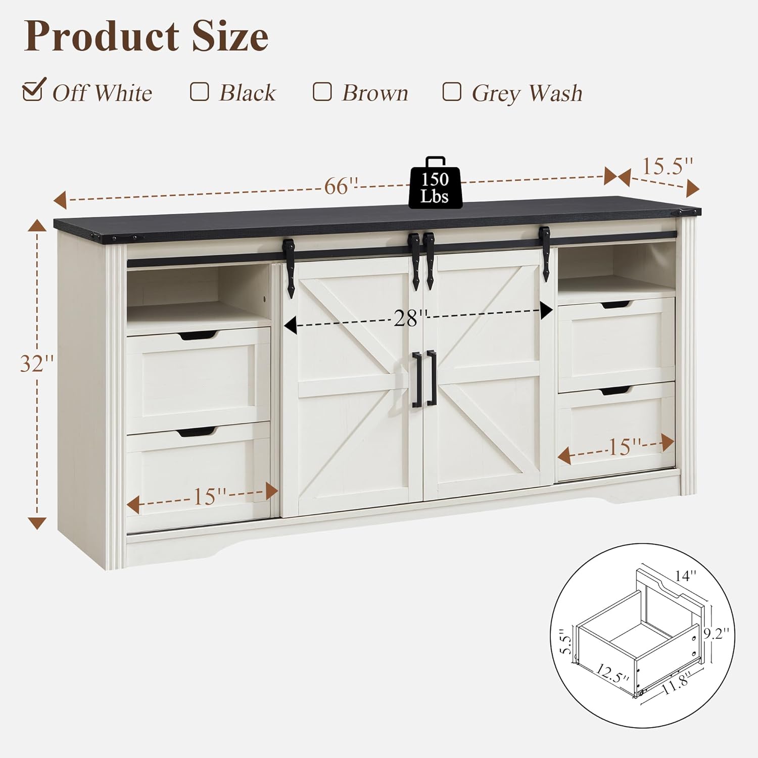 LINGMU Farmhouse TV Stand for 75 80 Inch TV, 32 Tall Entertainment Center w/4 Drawers & Sliding Barn Door, Rustic Media Console w/Storage Shelves, 66 Wood Television Stand for Living Room, Off White