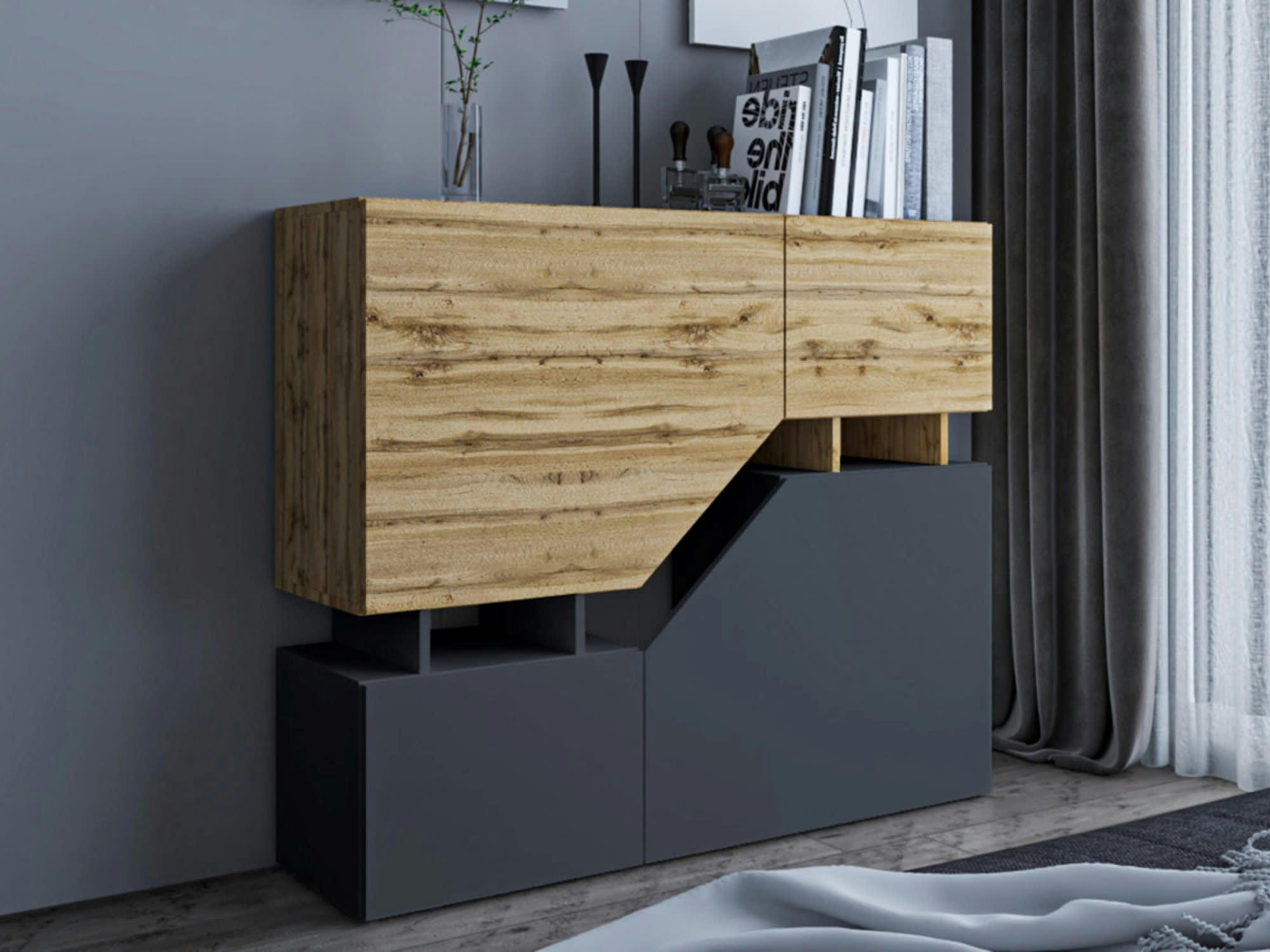 PITT - Buffet haut industriel 120 cm bois / gris