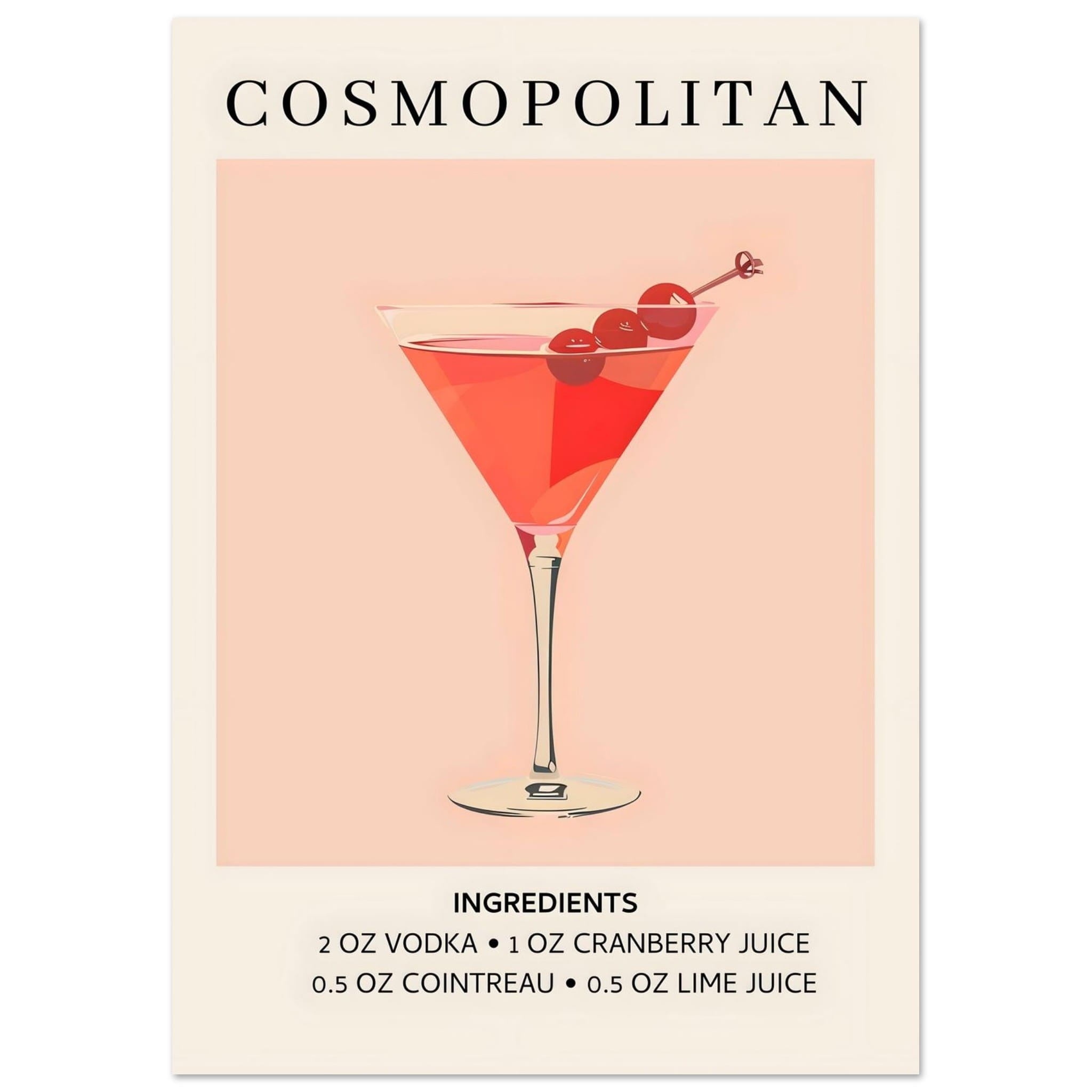 Artfulprints Poster Cosmopolitan cocktail - Ingrediënten  - A4 21x29.7 cm - Roze