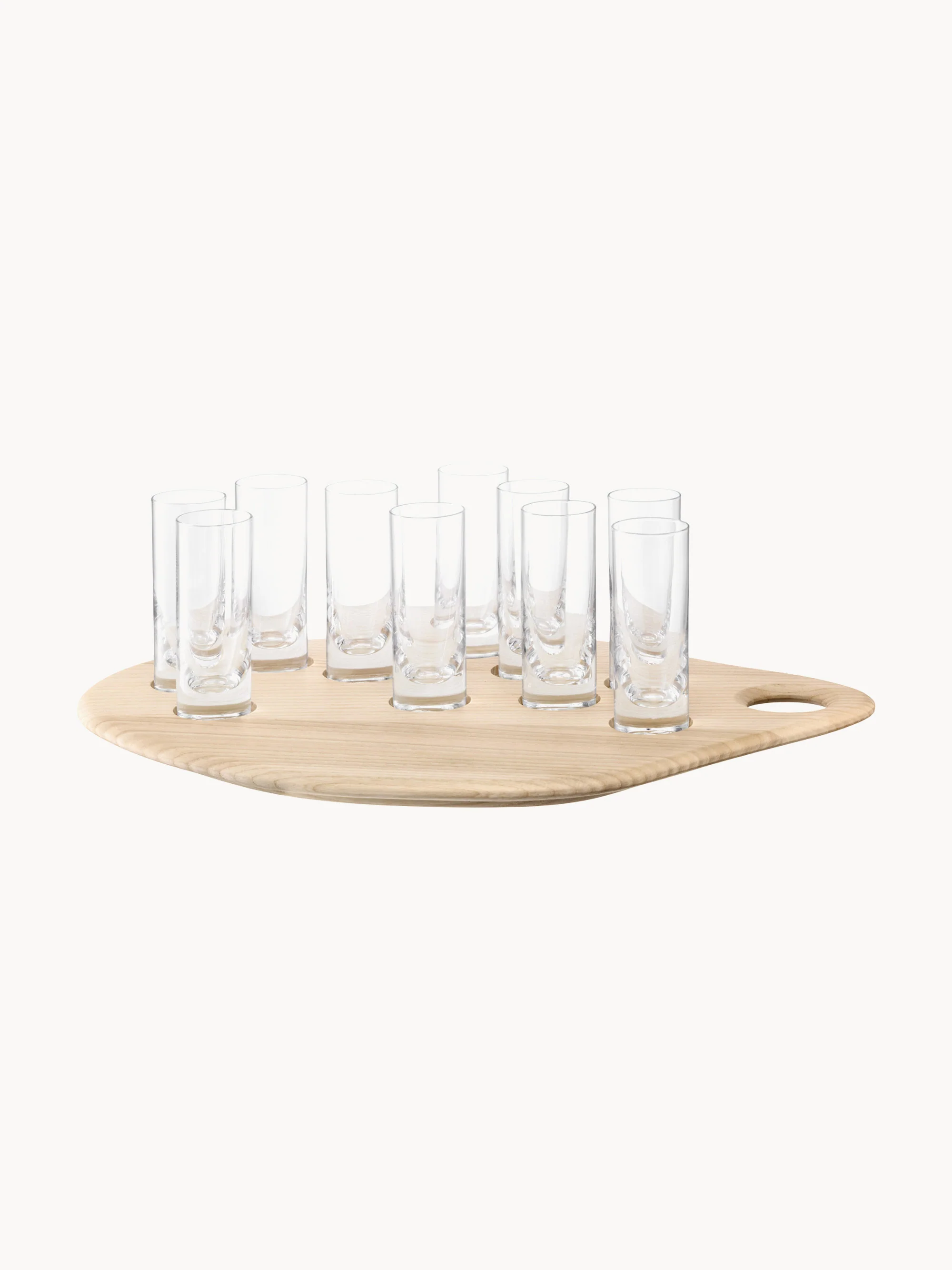 Handgefertigte Schnapsgläser Palette mit Serviertablett aus Eschenholz, 11er-Set