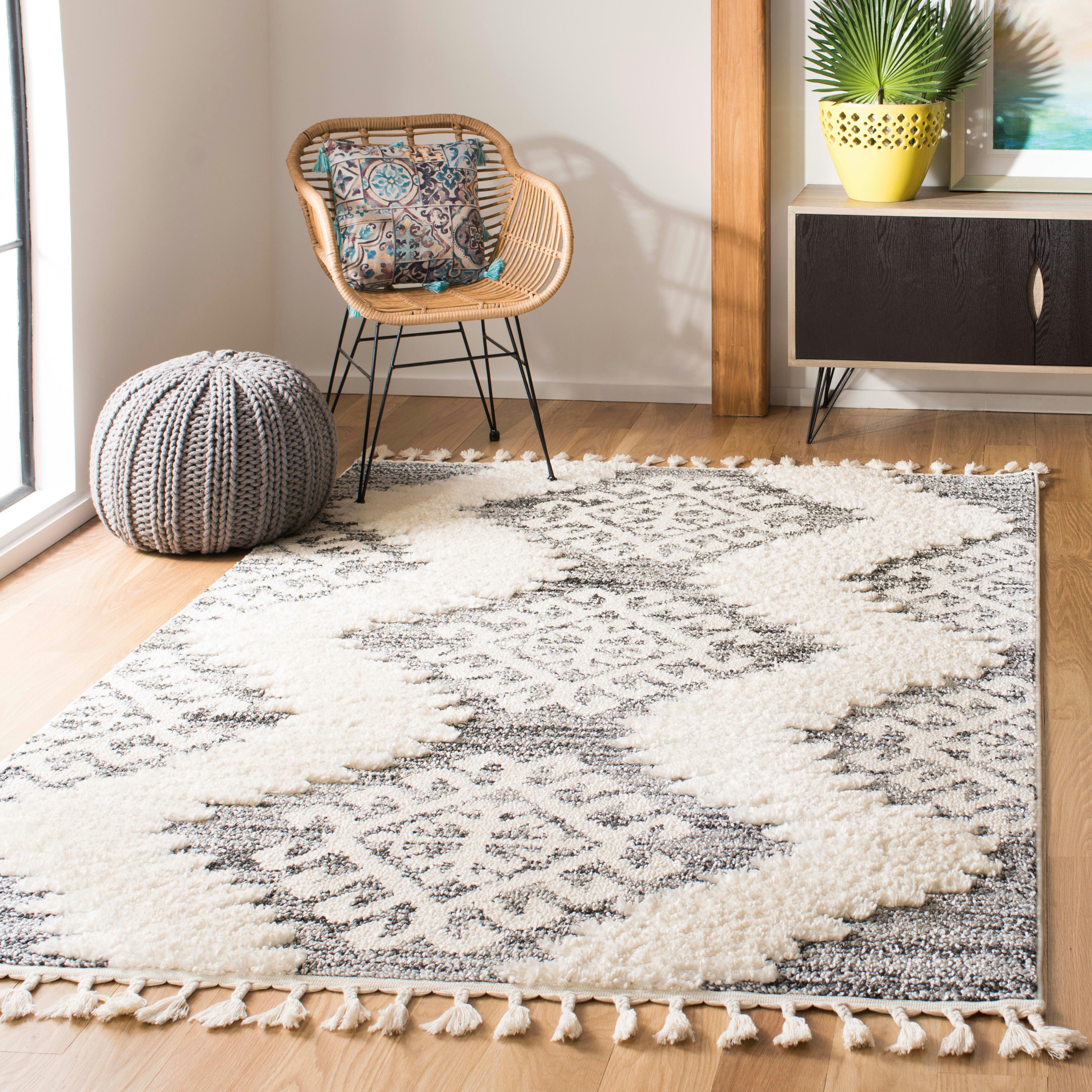MOROCCAN TASSEL SHAG - Tapis de salon interieur en ivoire & gris, 122 x 183 cm