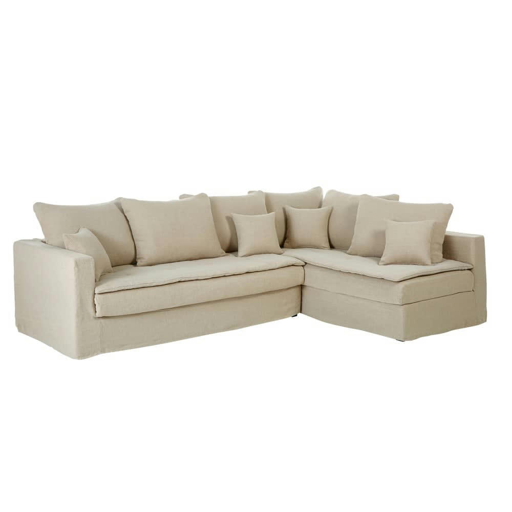 Celestin - Canapé d'angle 5 places en lin lavé beige