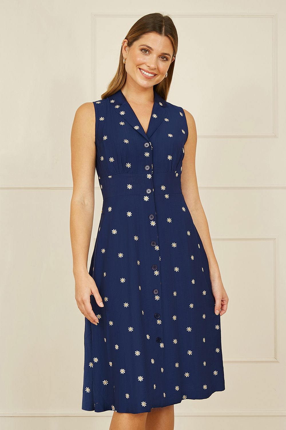Yumi Navy Daisy Print Sleeveless Shirt Dress