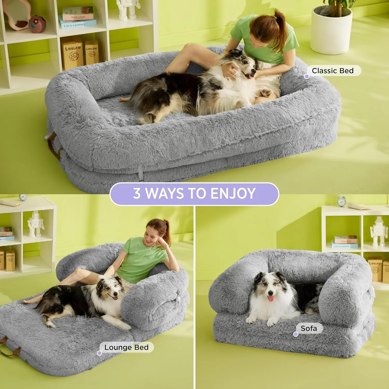 Lesure Luxury Warm Foldable 3-in-1 Flexible Giant Human Dog Bed Cozy Fluffy Faux Fur Lounge Sofa