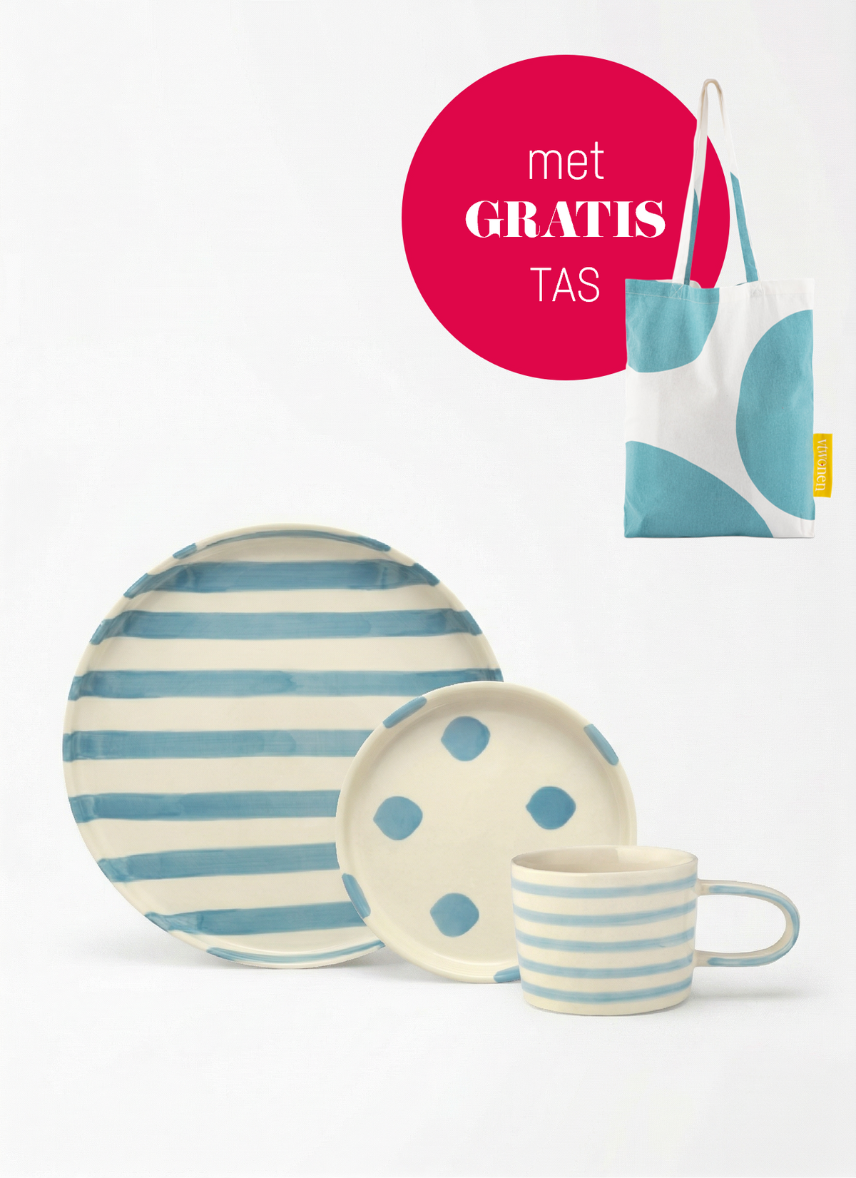 vtwonen - Serviesset - Gebaksbord, Ontbijtbord en Mok - Strepen - Blauw - Keramiek - Set van 3