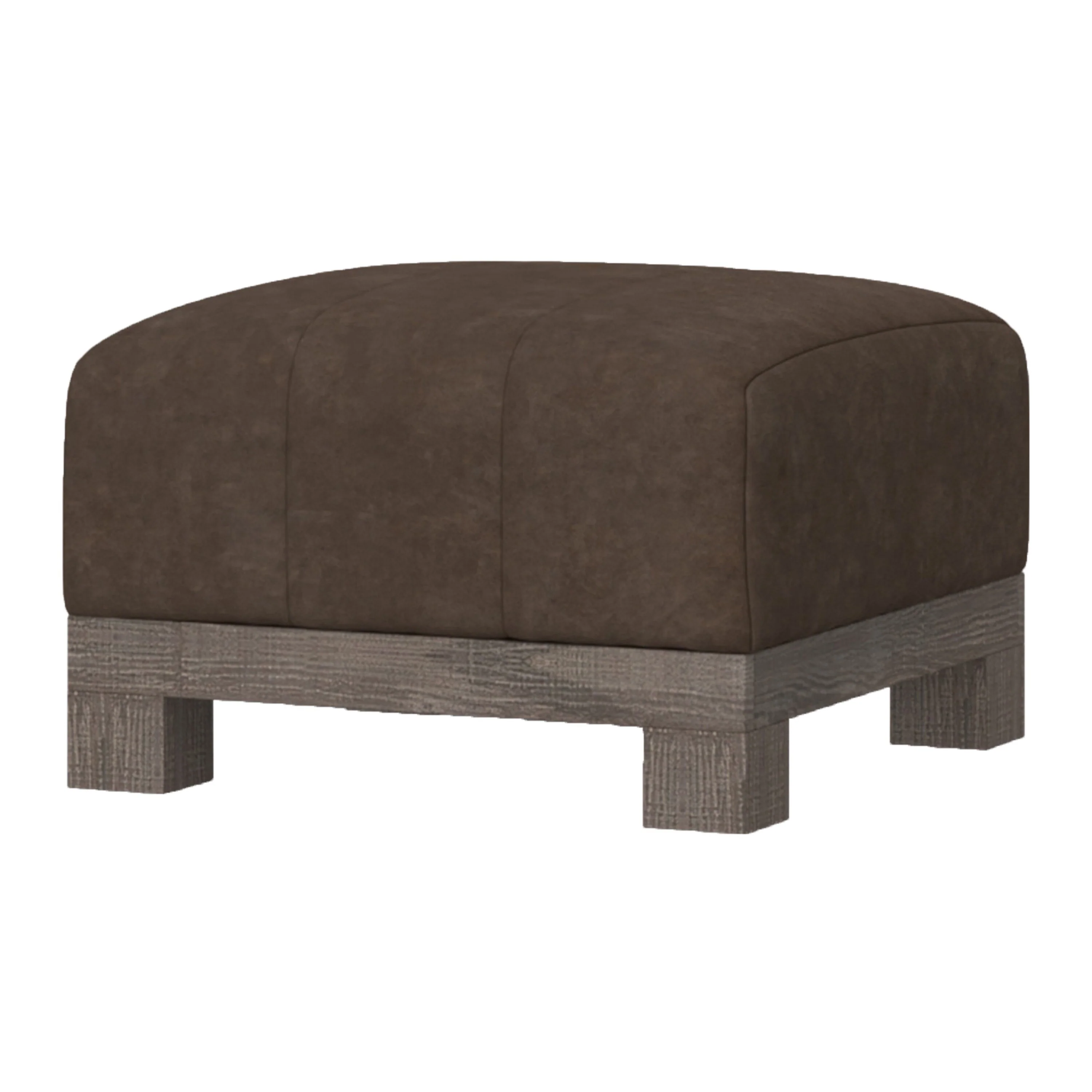 Sama Ottoman with Block Feet, 28 Inch Square Solid Wood, Brown Fabric