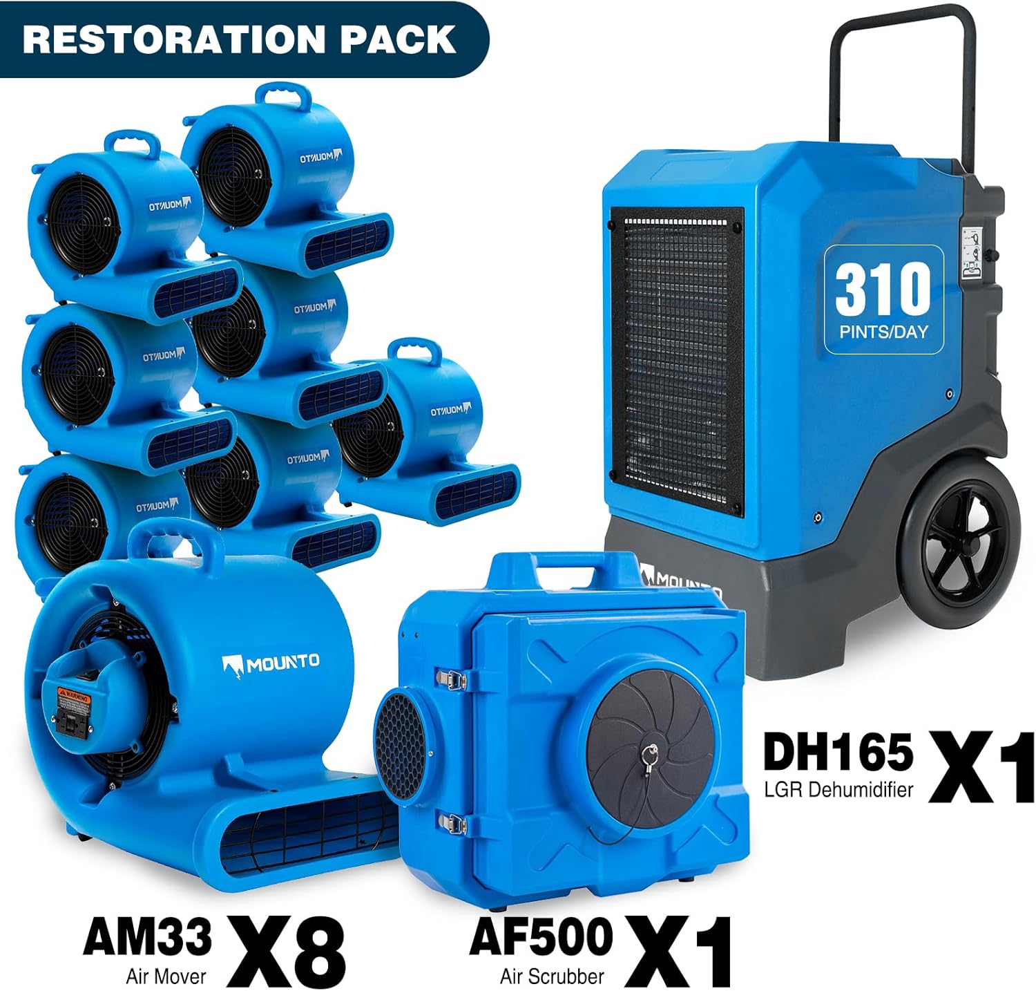 MOUNTO Pro Restoration Bundle – 8× AM33 Air Movers, 1× DH165 Industrial LGR Dehumidifier, 1× HEPA 500 Air Scrubber – Complete Drying & Air Filtration Package