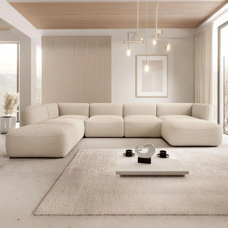 Meubella - Hoekbank Caesar - Beige - Teddy Boucle stof - Links