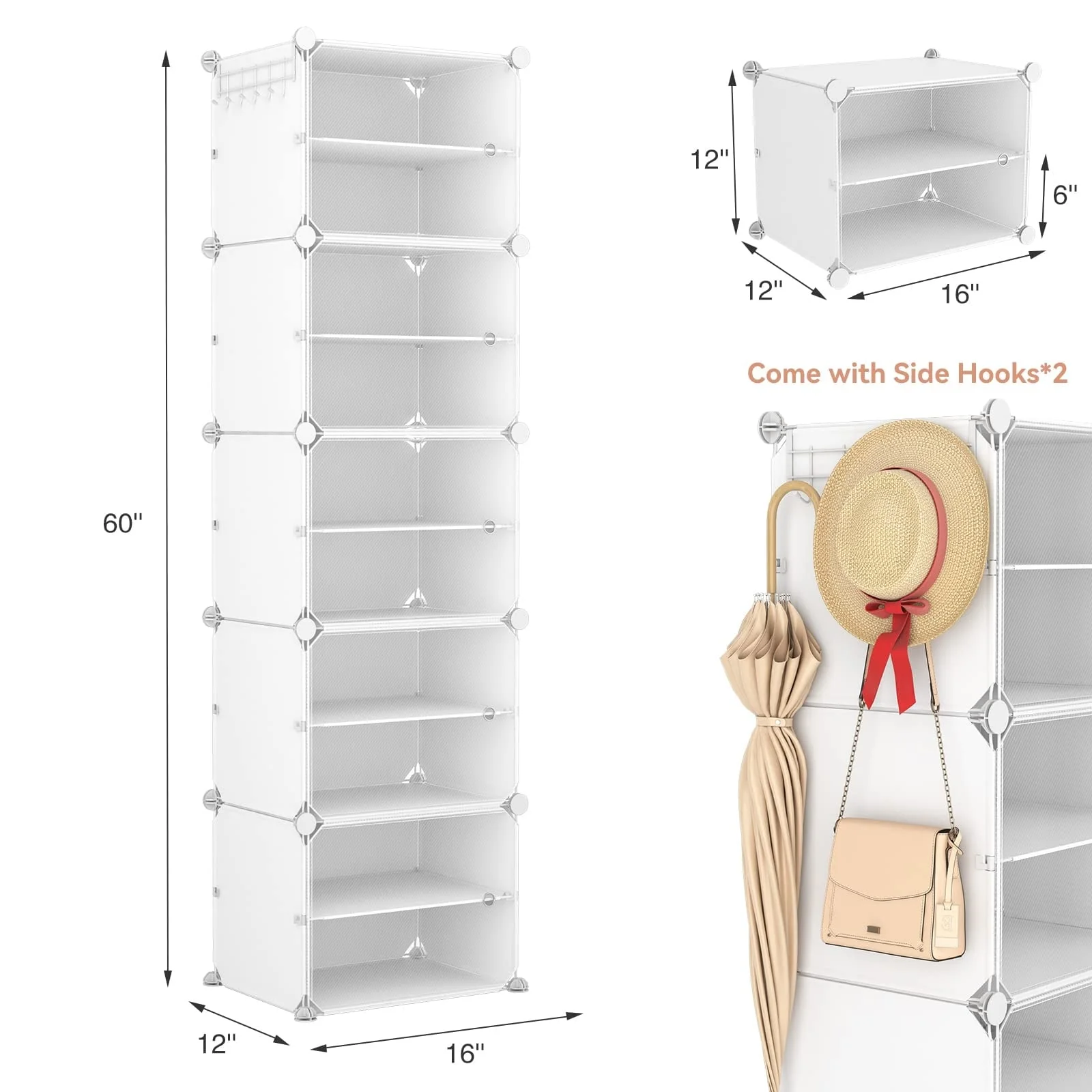 10 Tier Shoe Storage Cabinet with Door, Portable Narrow Organizer Rack for 20 Pairs, White Plastic with Hooks for Entryway