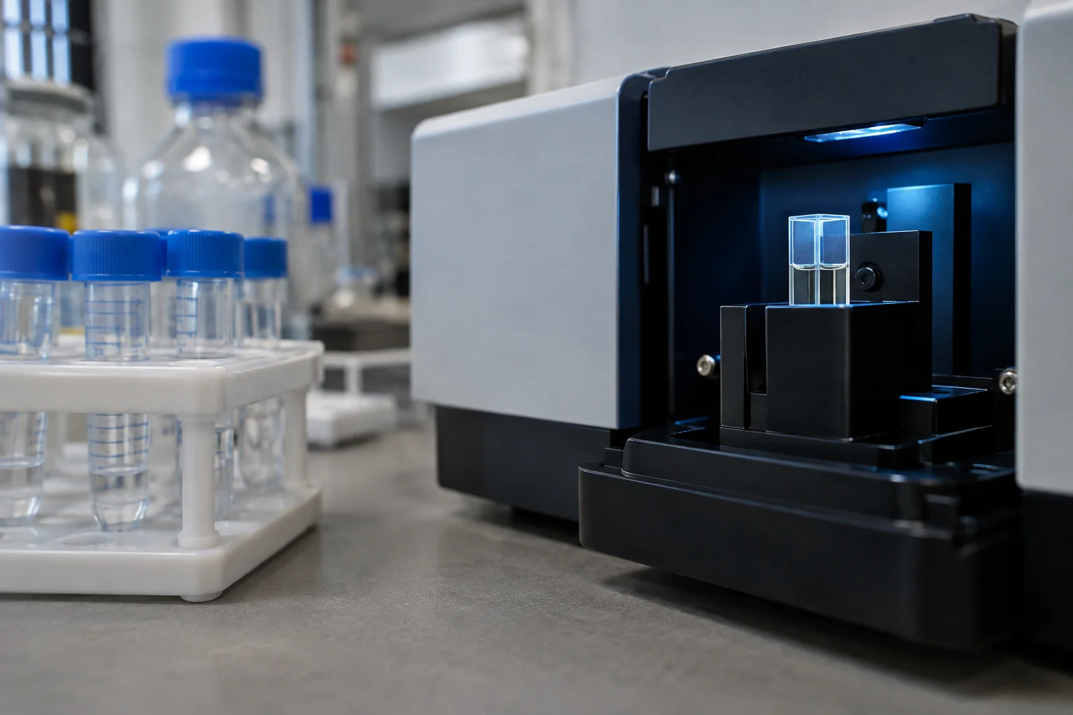 Illustrative laboratory photograph of a cuvette in a spectroscopy instrument beside capped sample tubes.