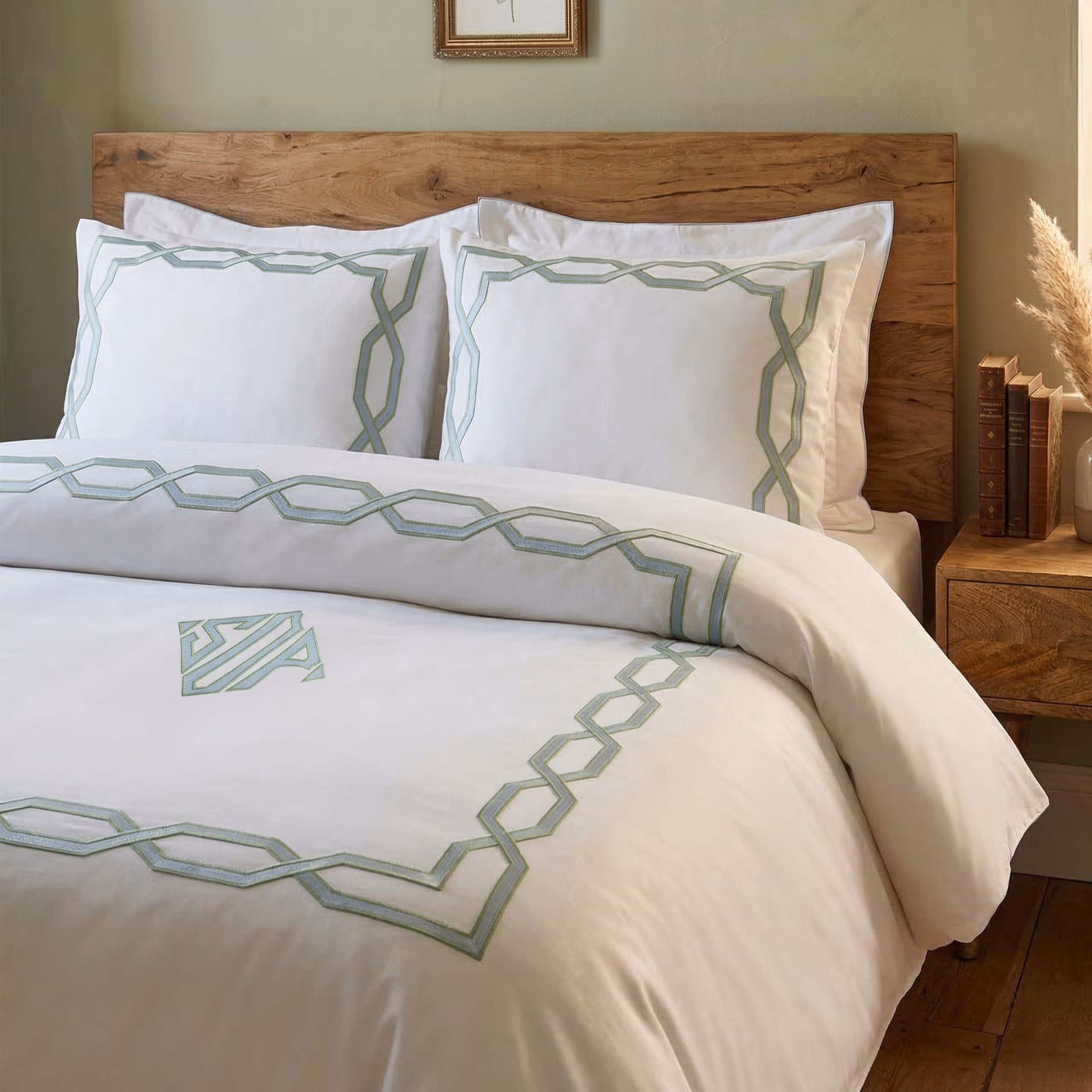 Monogram Luxury 400TC White Cotton Duvet Cover Set with Embroidered Trellis | Personalized Custom Embroidered Bedding in US, UK, EU Sizes