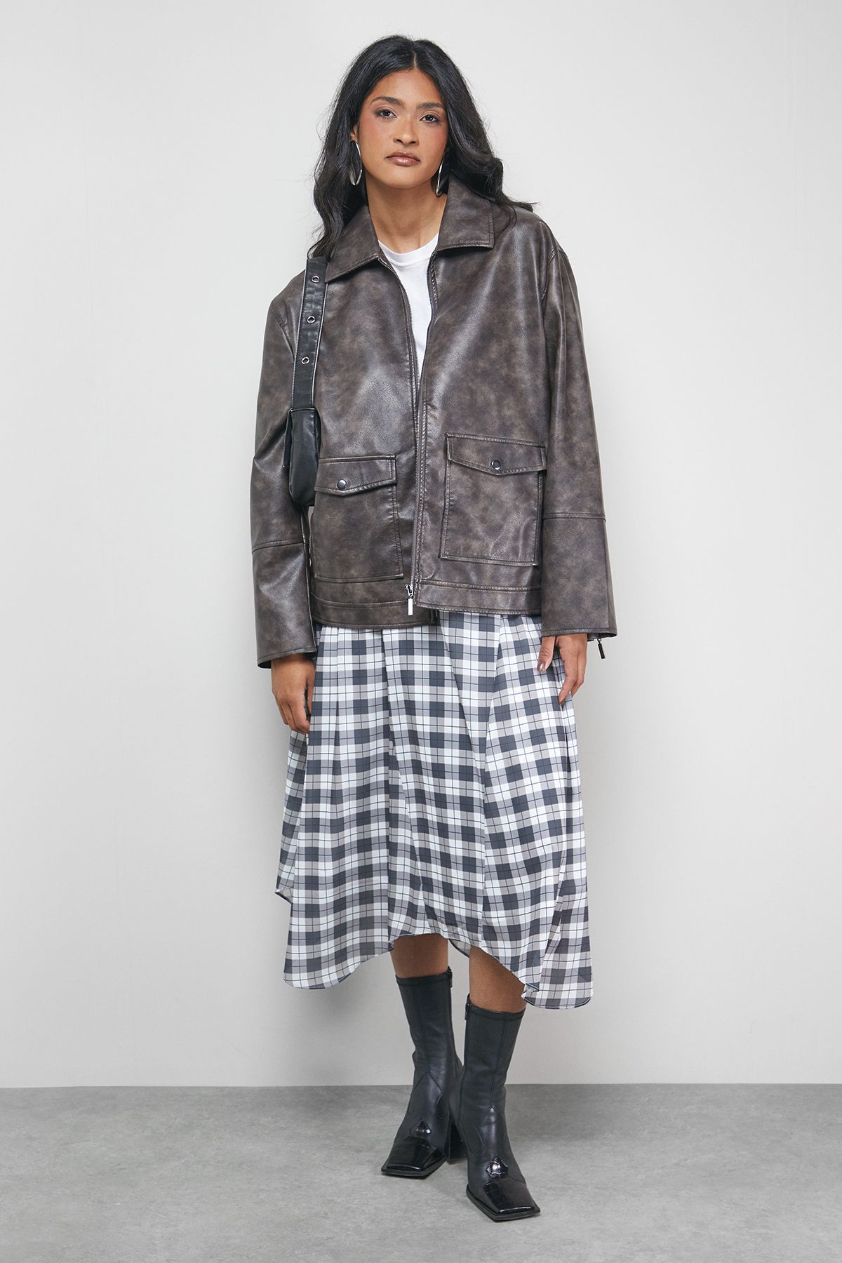 Warehouse Tony Check Chiffon Asymmetric Midi Skirt