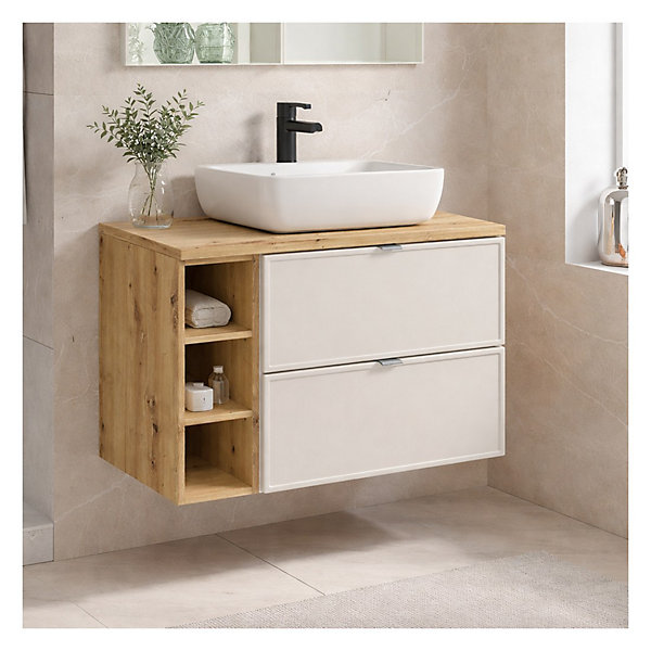 Ensemble de salle de bain BRAZZA : meubles sous vasque cachemire 100cm avec niches visibles et plan pour vasque aspect bois
