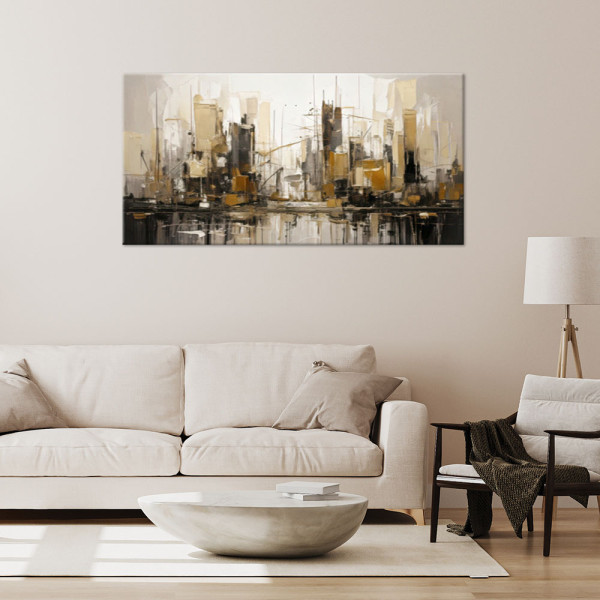 Feeby Obraz do sypialni, Miasto Abstrakcja Złoty Beż 80x40
