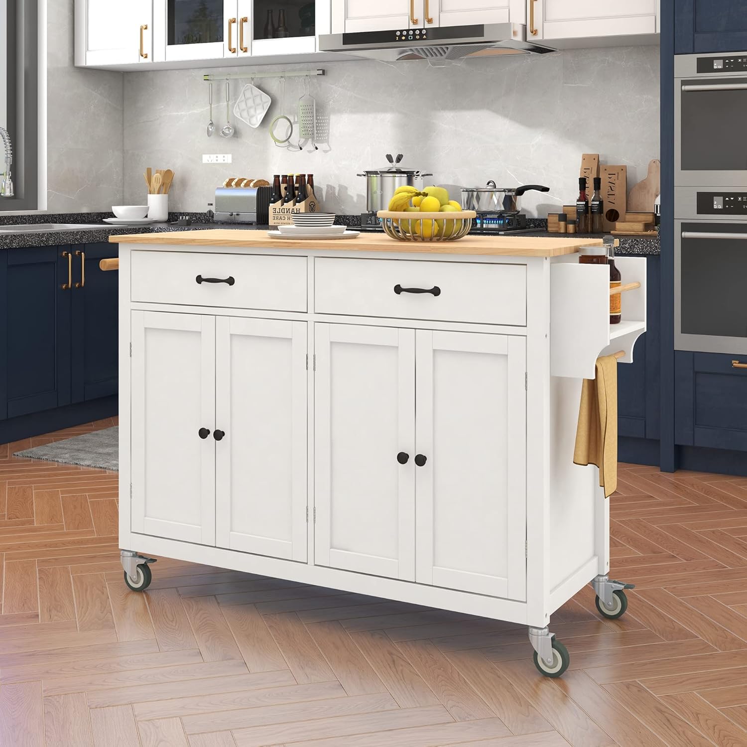 Merax Rolling Mobile Kitchen Island Cart with Wood Top and Locking Wheels, 4 Door Cabinets and 2 Drawers, Spice & Towel Rack, 54.3 Inch Width, White