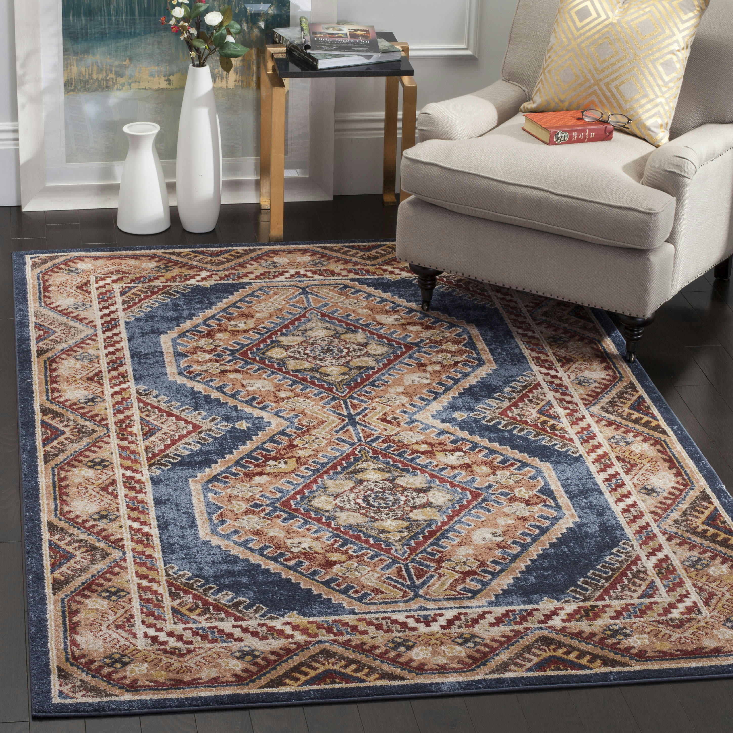 BIJAR - Tapis de salon interieur en bleu roi & rouille, 160 x 229 cm