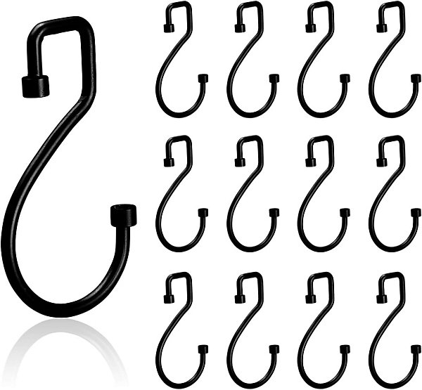 Lot de 12 crochets en forme de S en métal antirouille pour rideau de douche, cuisine, chambre à coucher, noirs