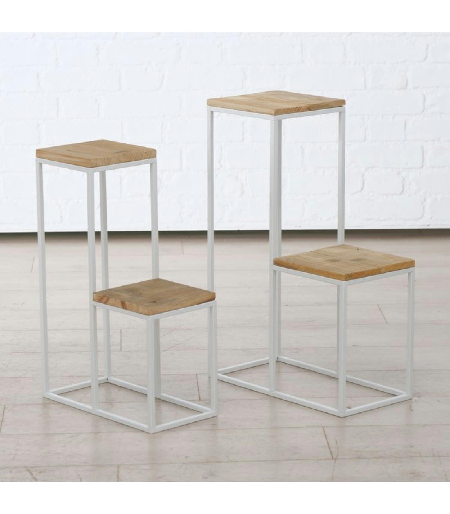 BOIS - Set de 2 supports pots plantes étagés en métal blanc et bois