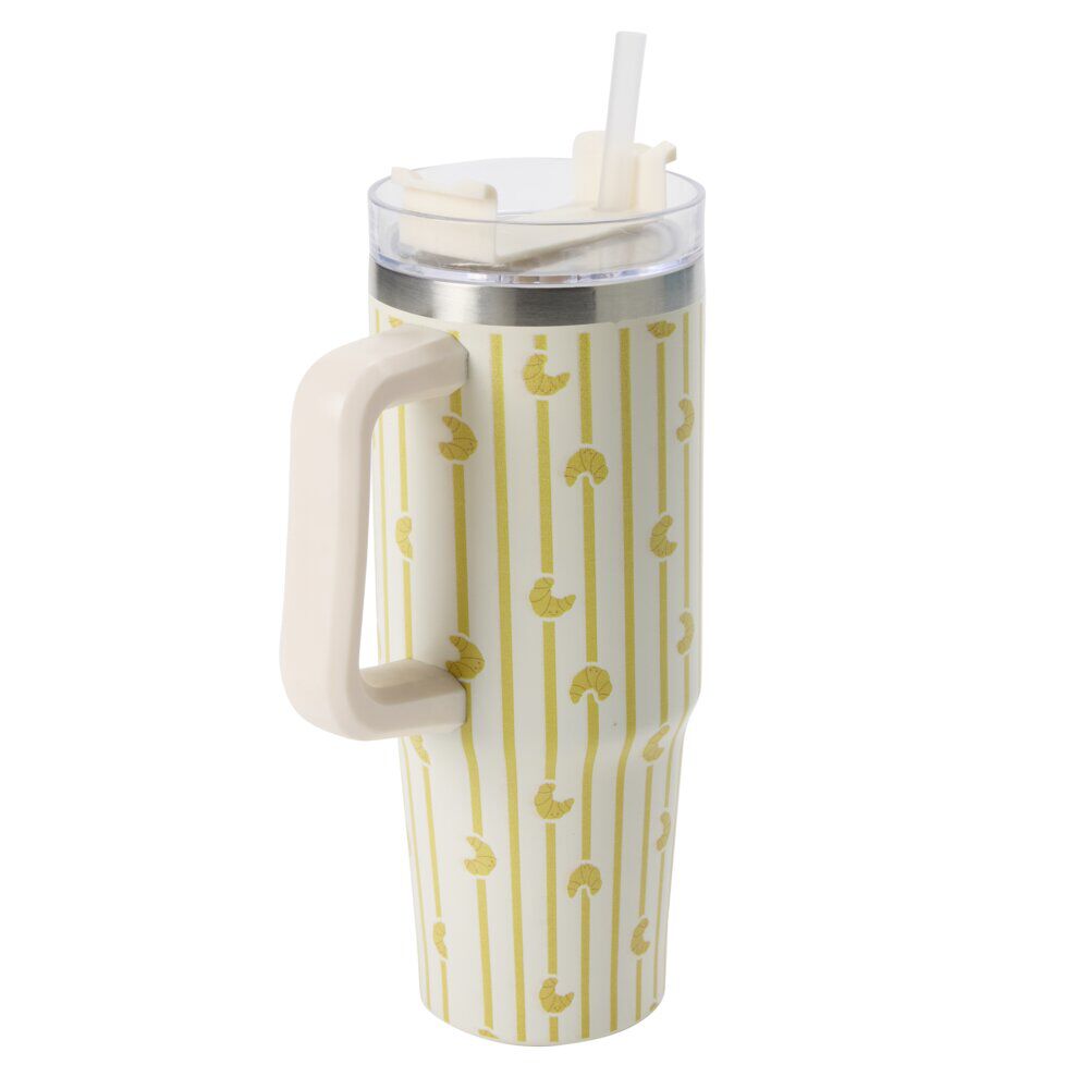 Mug de transport XL inox et plastique imprimé croissant et rayures avec anse H24cm