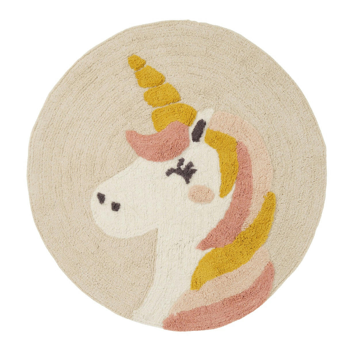 LICORNE - Tapis enfant rond coton ecru 70x70cm