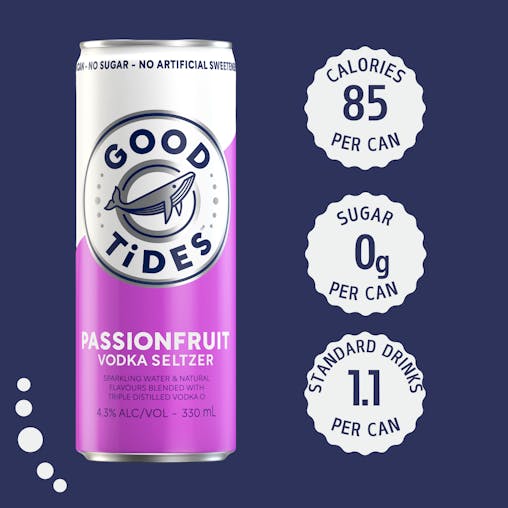 Good Tides Hard Seltzer Tropical Passionfruit, Zero Sugar, Low Calorie, Refreshing Spritzed Drink, 4.3% ABV, 330mL (Case of 24 Cans)