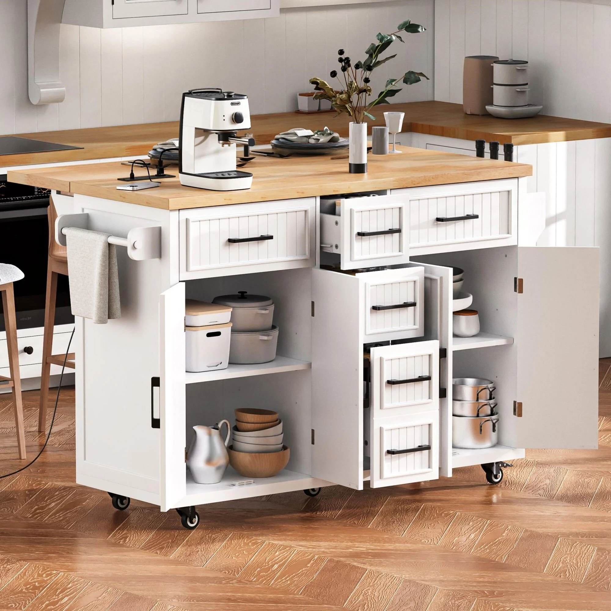 56.5'' Kitchen Island Cart with Drop Leaf Power Outlet Storage Drawers
