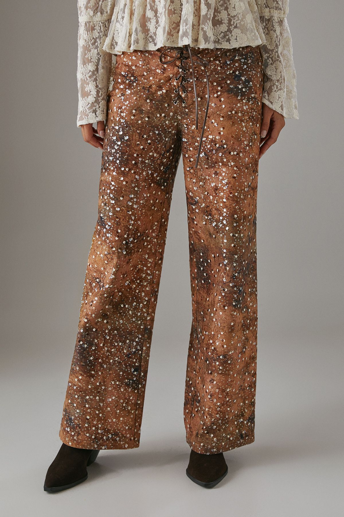 Warehouse Suedette Sequin Lace Up Trouser