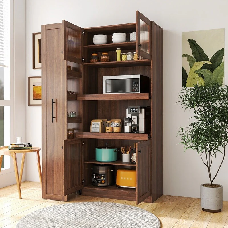 Tall Farmhouse Kitchen Pantry Cabinet, Pantry Storage Cabinet with 4 Doors & Shelf, Freestanding Pantry Organizers