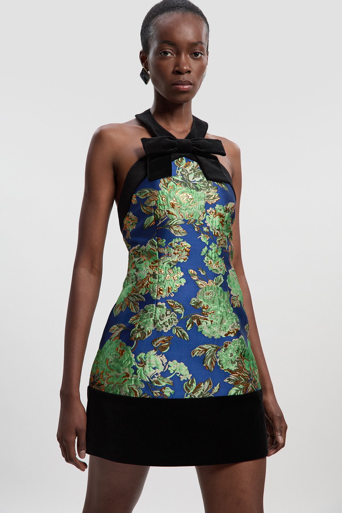 KarenMillen Velvet And Jacquard Contrast Halterneck Tailored Mini Dress