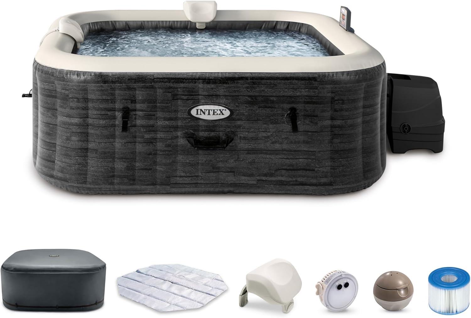 INTEX 28451EP PureSpa Greystone Deluxe Spa Set: Includes Energy Efficient Spa Cover and Wireless Control Panel – Spa Control App – Built-In FastFill Inflation System – 6 Person Capacity – 77 x 28
