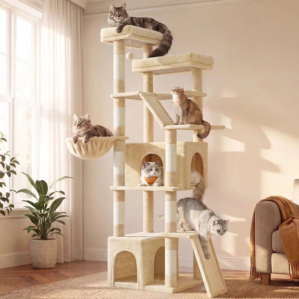Arbre à chat XXL avec deux planches à griffer et sept poteaux en sisal