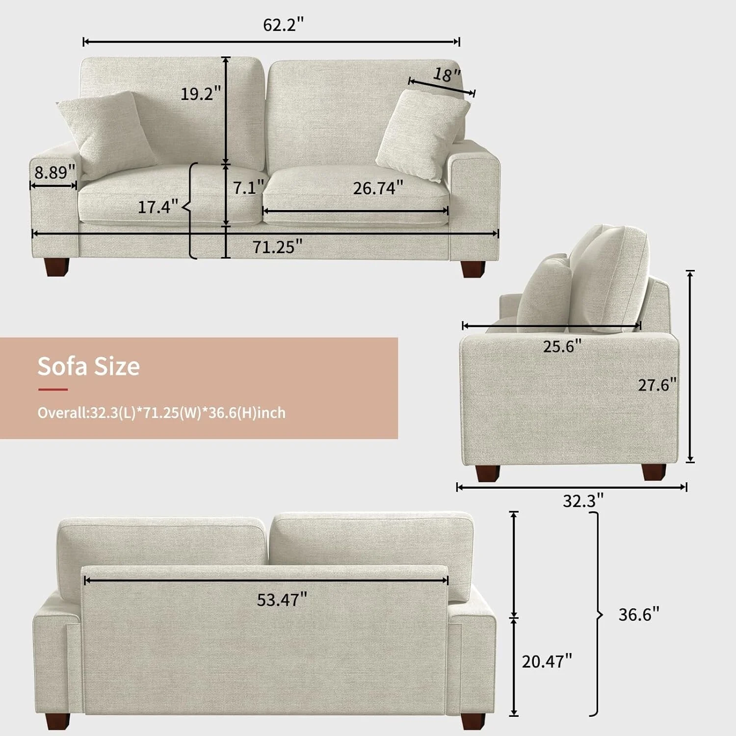 Modern Chenille Loveseat Sofa for Living Room - Recliner with Removable Cover, Spring Cushions & Solid Wood Frame, Beige