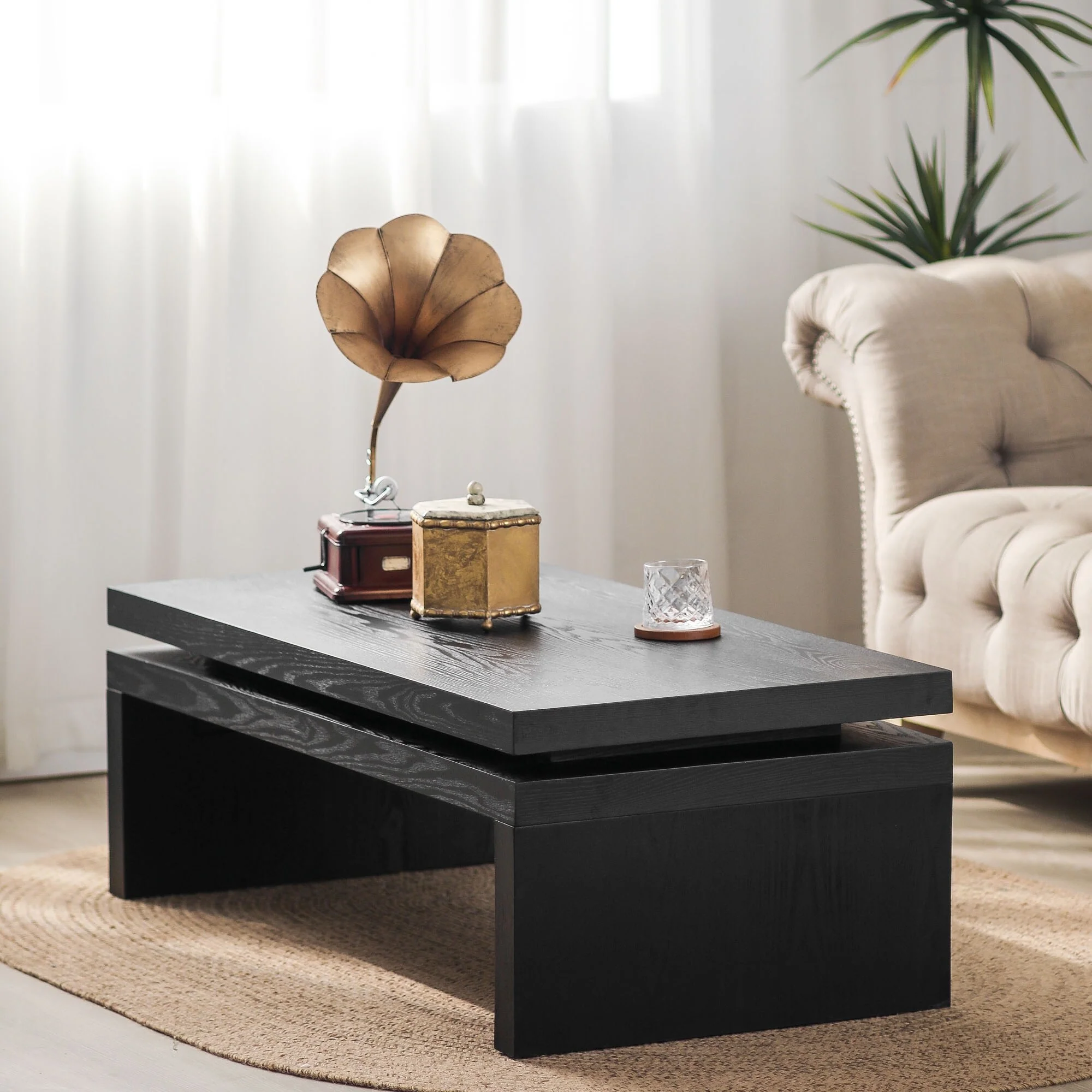 Classic Modern Coffee Table, 2-Tier Rectangular Ash Wood Table with Black Finish, Ideal for Living Room