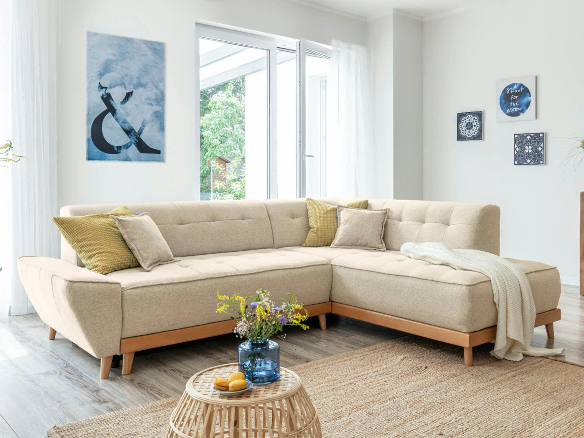 DAISY - Canapé d'angle droit convertible 5 places en tissu beige