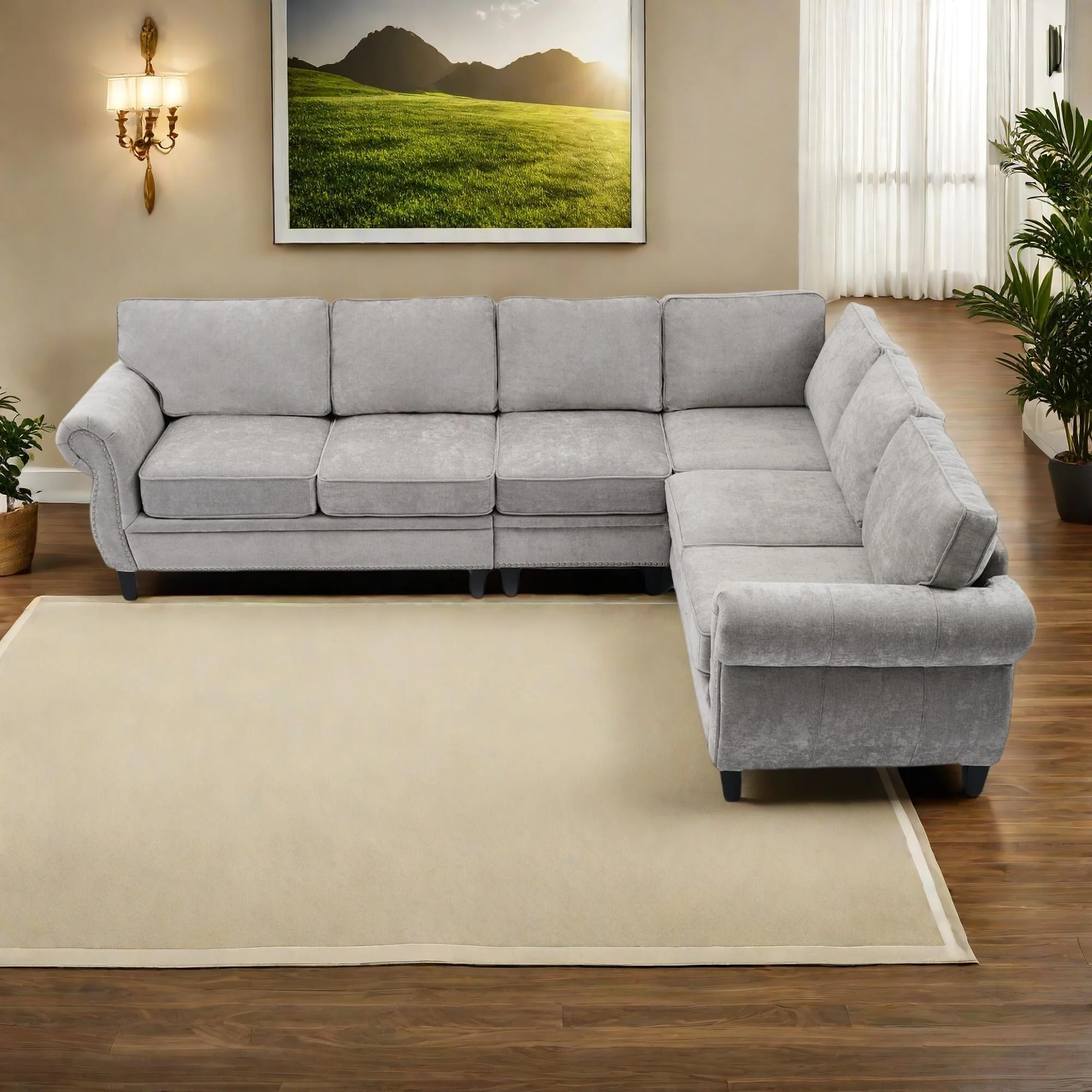 109.5 Chenille 6-Seater L-Shaped Sectional Sofa with Rivets Decorated Rolled Armrests,Cushions, and Wood Frame