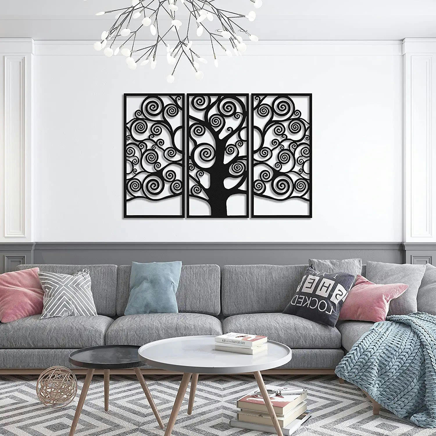 - Déco murale triptyque arbre de vie boucle en métal noir 147x99 cm