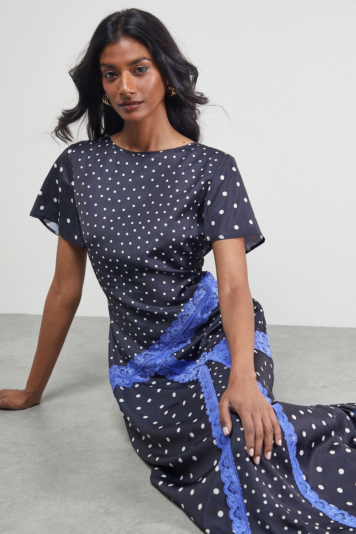 Warehouse Satin Lace Panelled Asymmetric Midi Dress