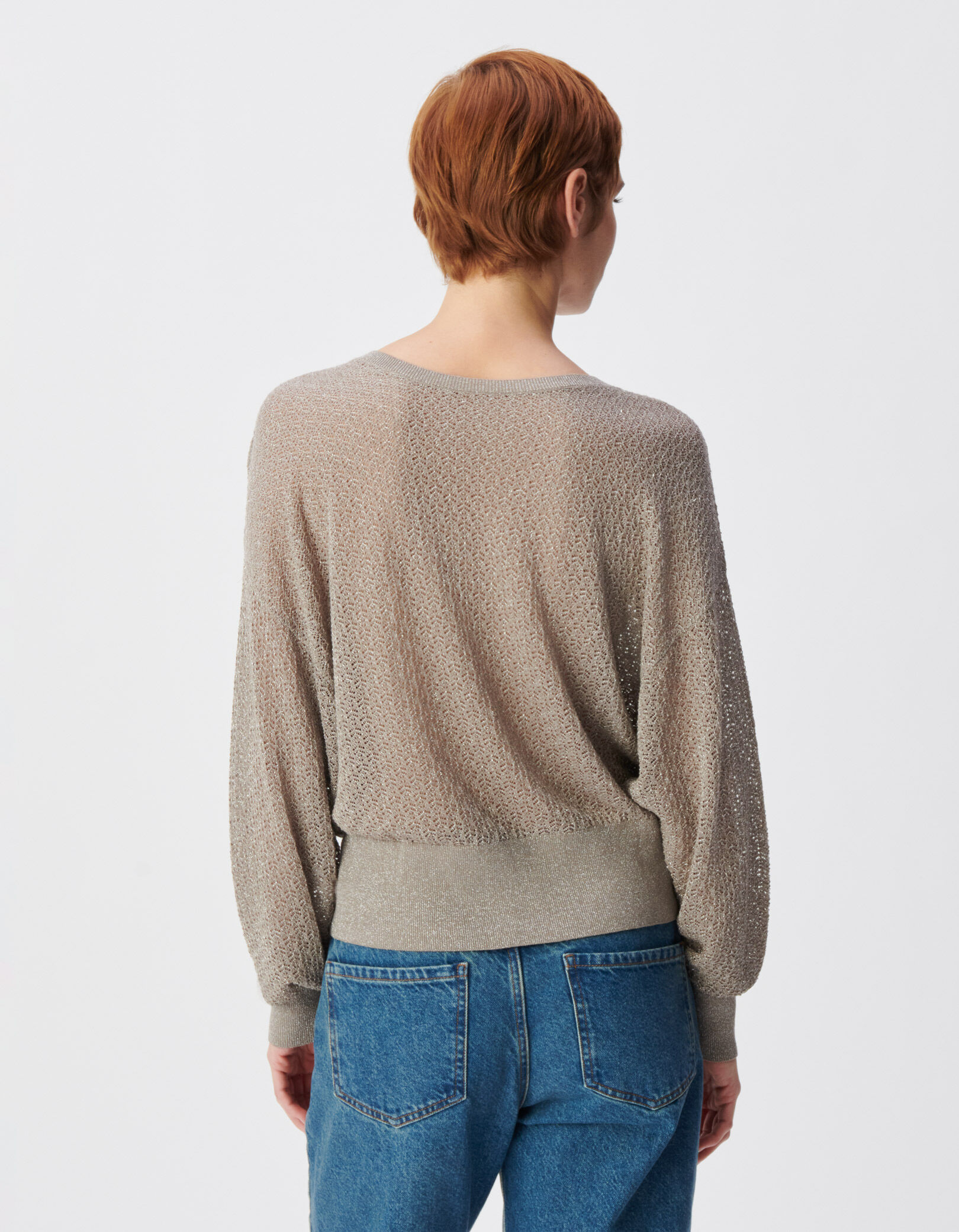 Pull chic beige tricot fantaisie pailleté ajouré Femme