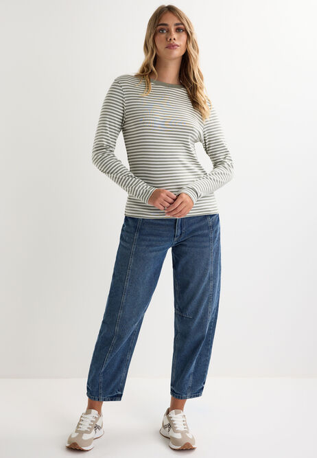Womens Green Stripe Cotton Long Sleeve Top