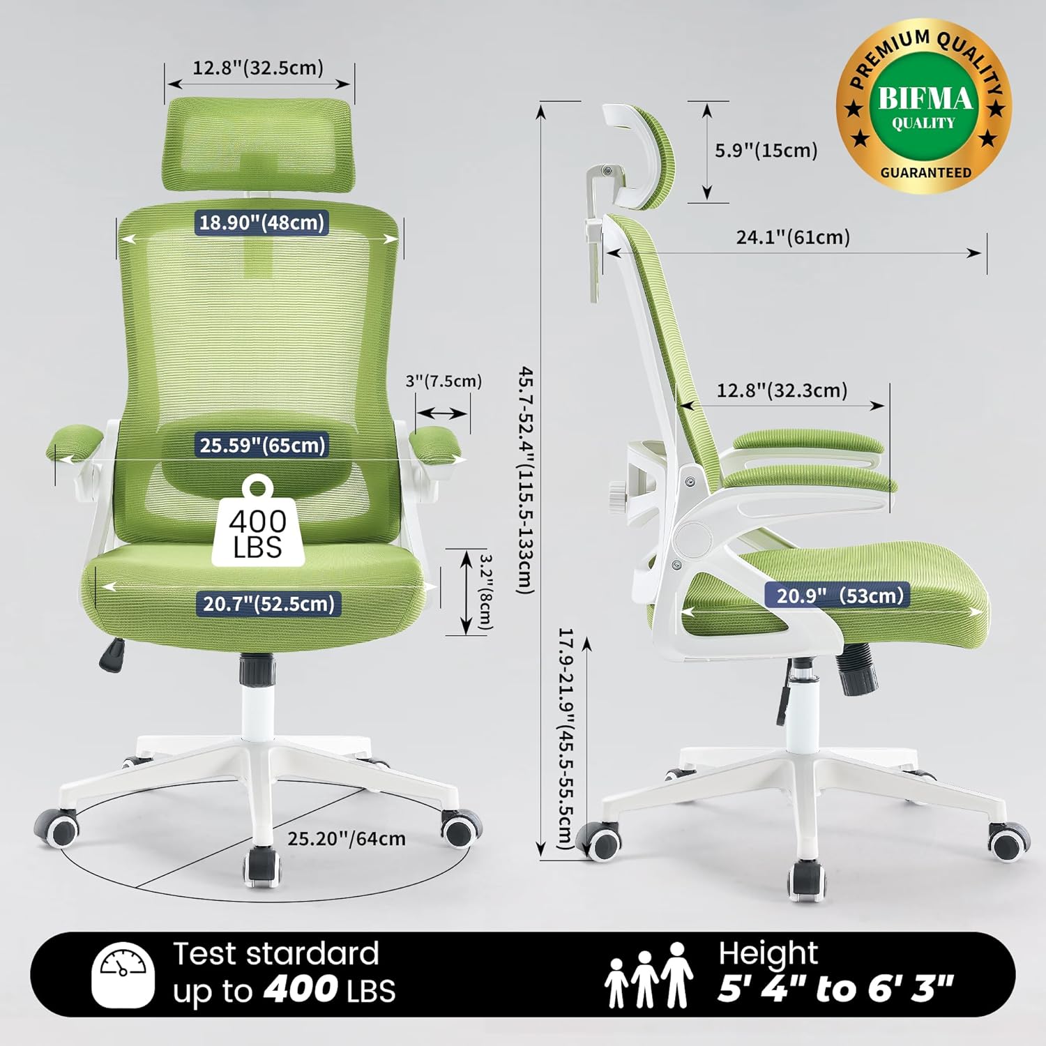 Fizzin Ergonomic Office Chair, 400 LBS Desk Chair with Adjustable Lumbar Support, High Back Breathable Mesh Computer Chair Rolling Work Swivel Task Chairs, Comfy Home Office Desk Chair (Green)