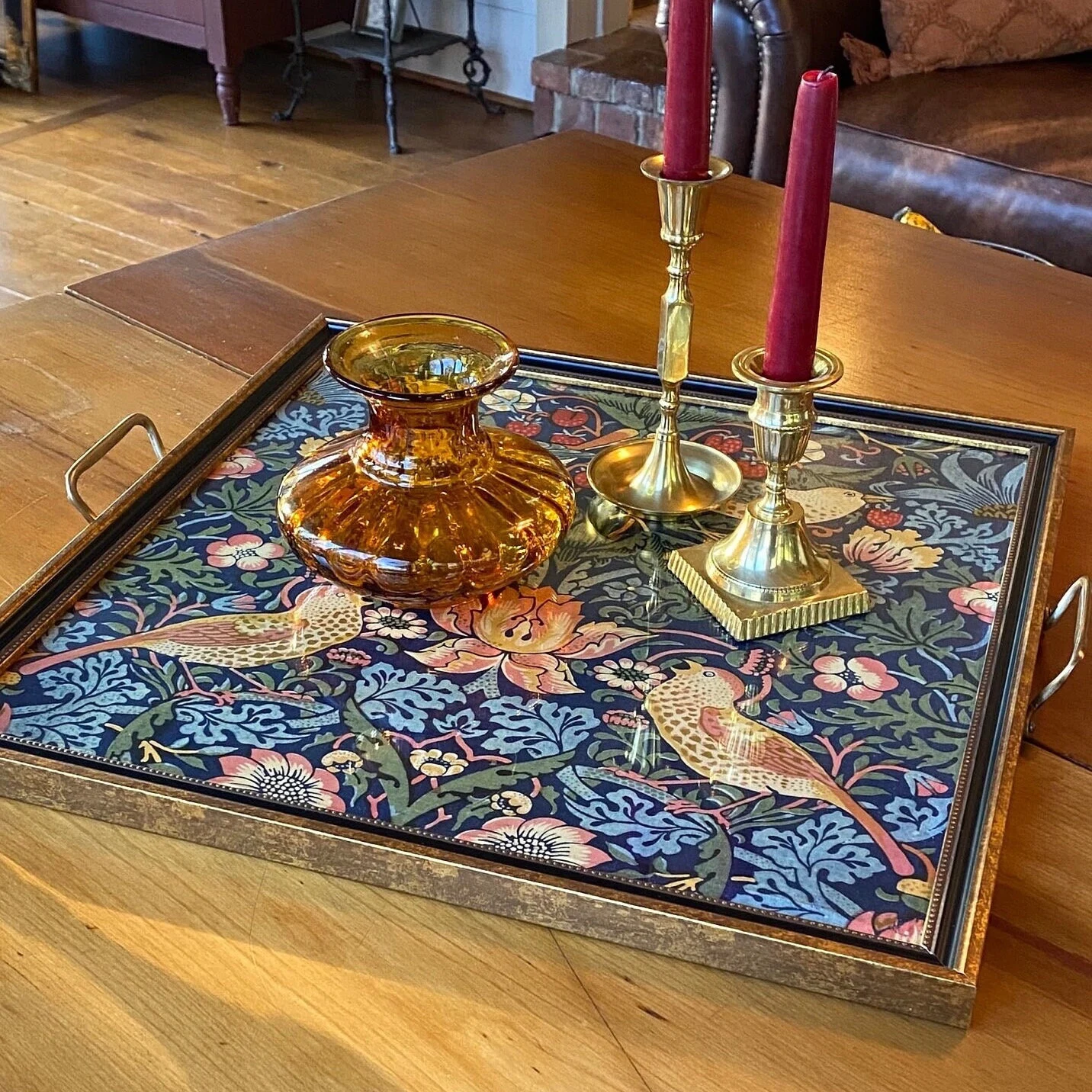 William Morris Strawberry Thief Decorative Tray with Brass Handles, Coffee Table Tray, Ottoman Tray