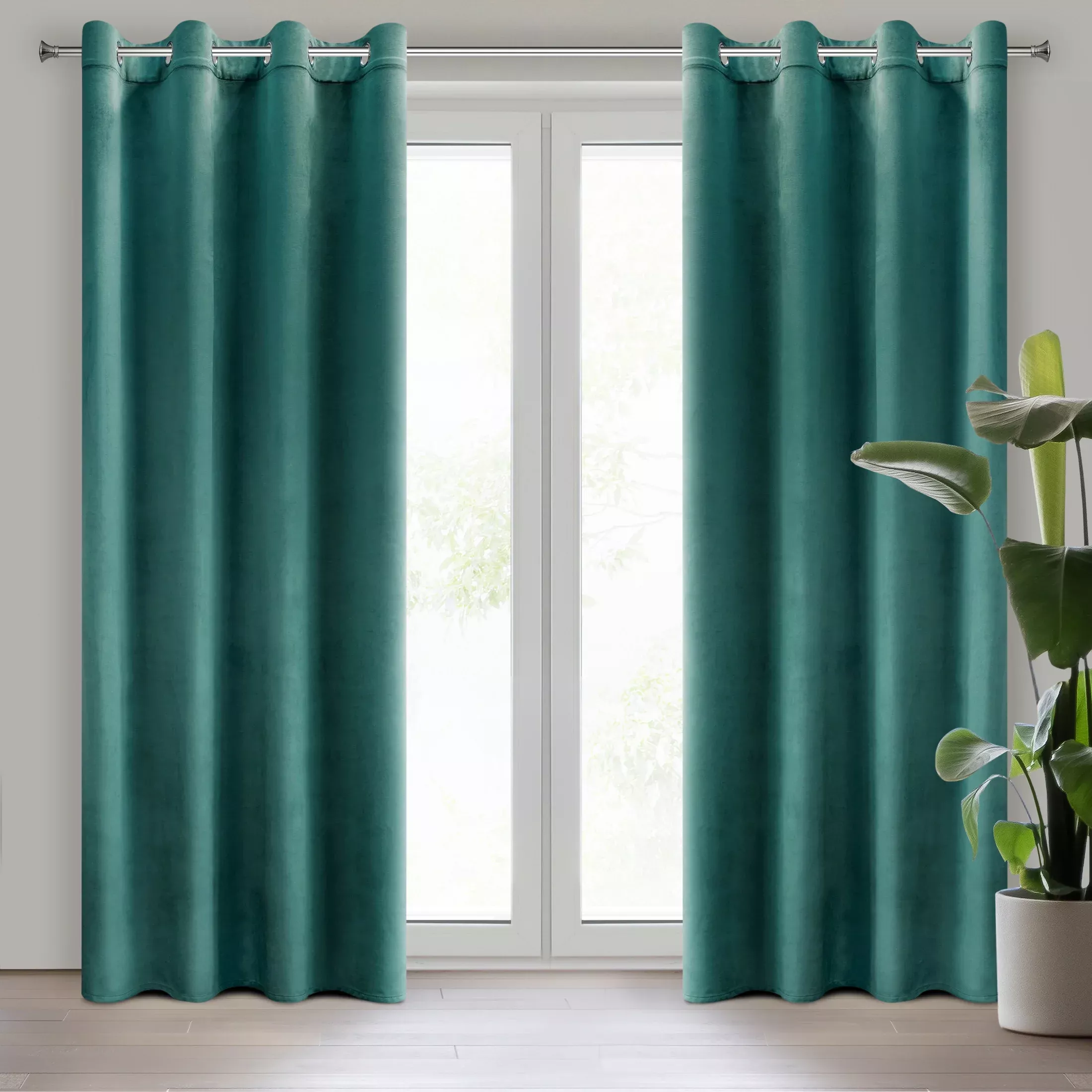 Komplet 2 szt. zasłon ciemnoturkusowych z welwetowej tkaniny 140x250 cm przelotki - DARLA