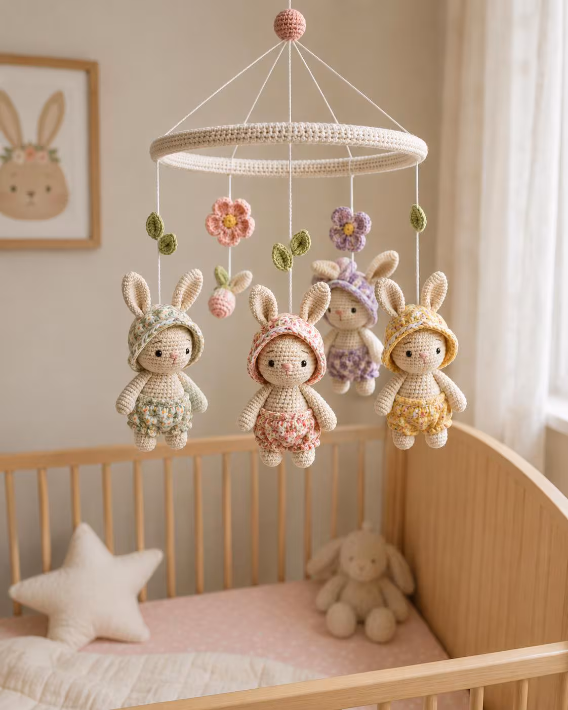 Poppy Bonnet Bunnies Crochet Mobile, Floral Rabbit Nursery Decor, Botanical Crib Hanging, Heirloom Baby Room Art
